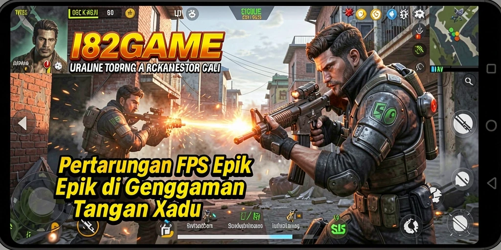 Screenshot utama 182GAME menunjukkan aksi intens dalam pertempuran FPS.