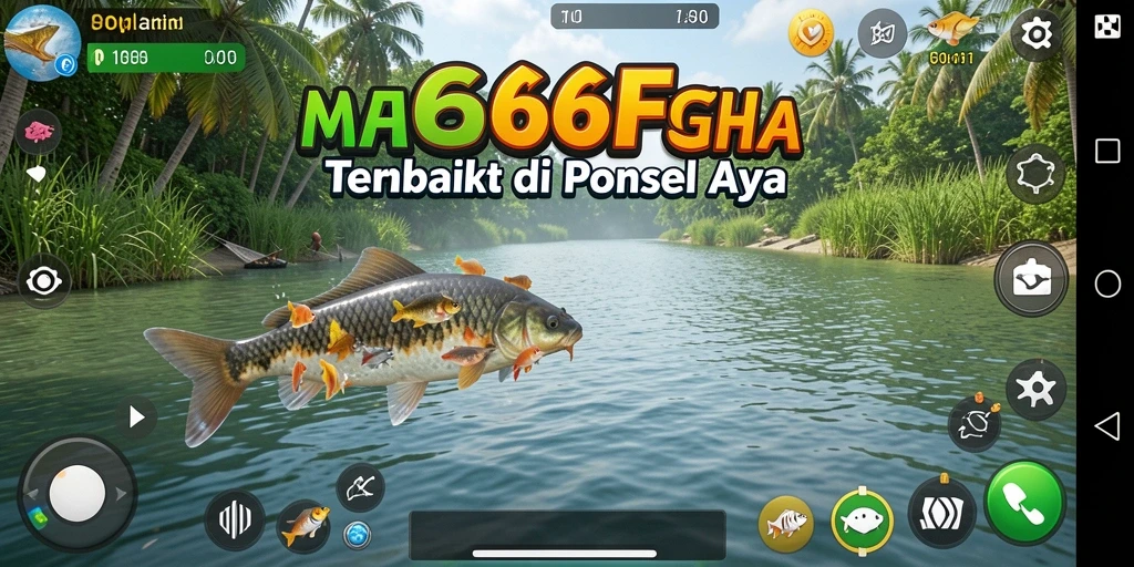 Tampilan gameplay 666F dengan pemandangan memancing yang indah.