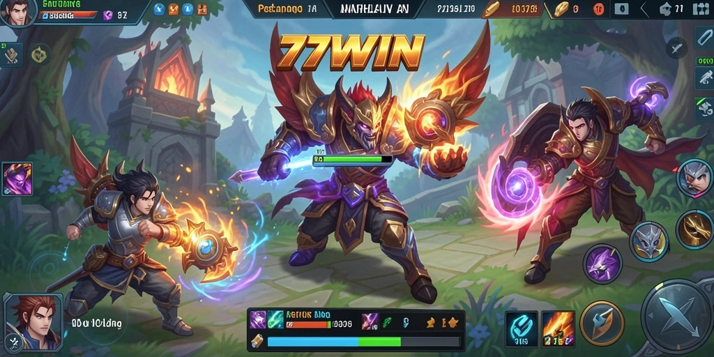 Tampilan gameplay seru di arena pertempuran MOBA 77WIN.