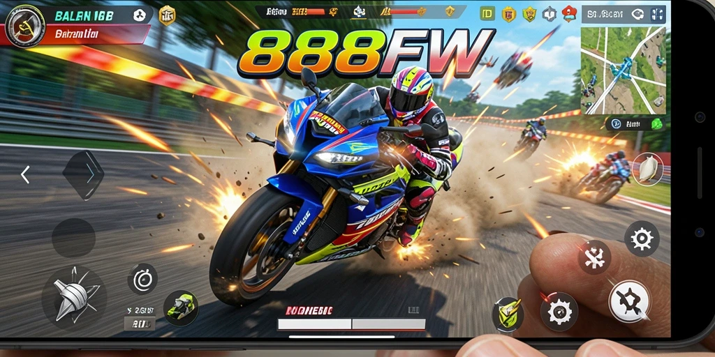 Screenshot gameplay mendebarkan dari 888FW, memperlihatkan aksi balapan motor.