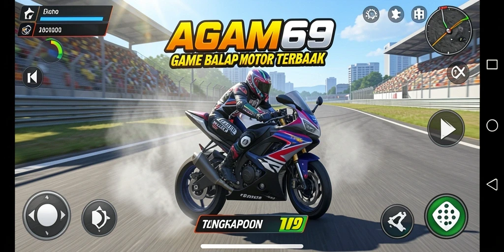 Tangkapan layar gameplay AGAM69 dengan aksi balap motor yang intens.