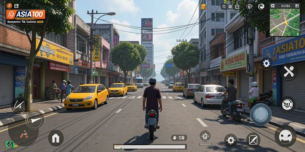 Tampilan mendebarkan gameplay balap ASIA100 yang menampilkan trek dan kendaraan.