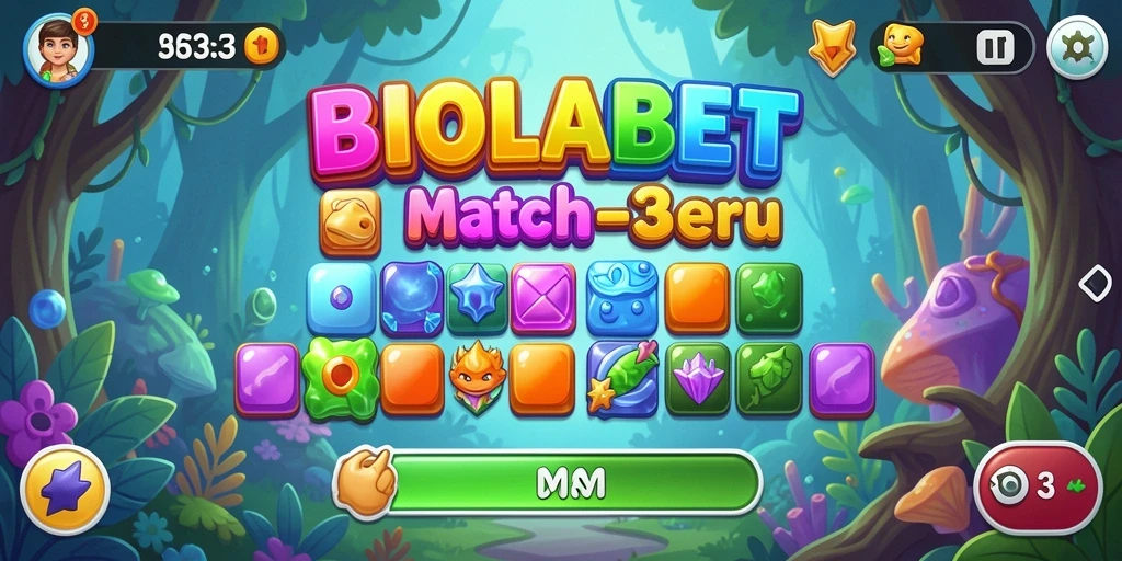 Tampilan gameplay seru di BIOLABET dengan tantangan Match-3.