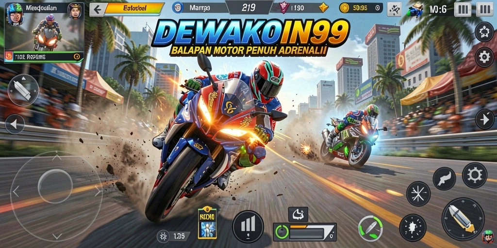 Screenshot gameplay DEWAKOIN99 dengan aksi balapan motor yang mendebarkan.