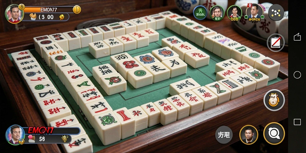 Screenshot utama EMON77 menampilkan gameplay Mahjong yang menantang.