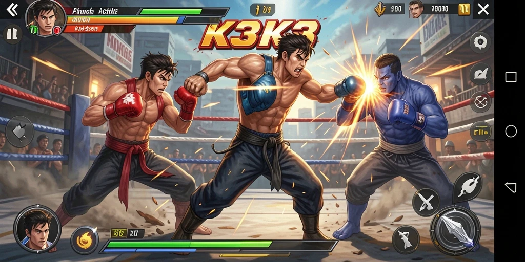 Screenshot K3K3 menampilkan aksi pertarungan karakter yang intens.