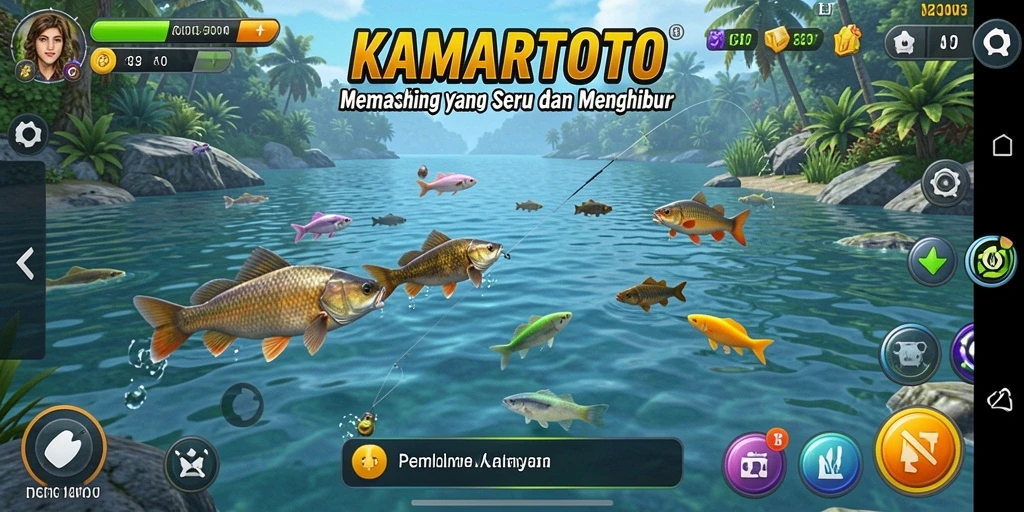 Tampilan gameplay KAMARTOTO dengan berbagai jenis ikan dan lokasi memancing.
