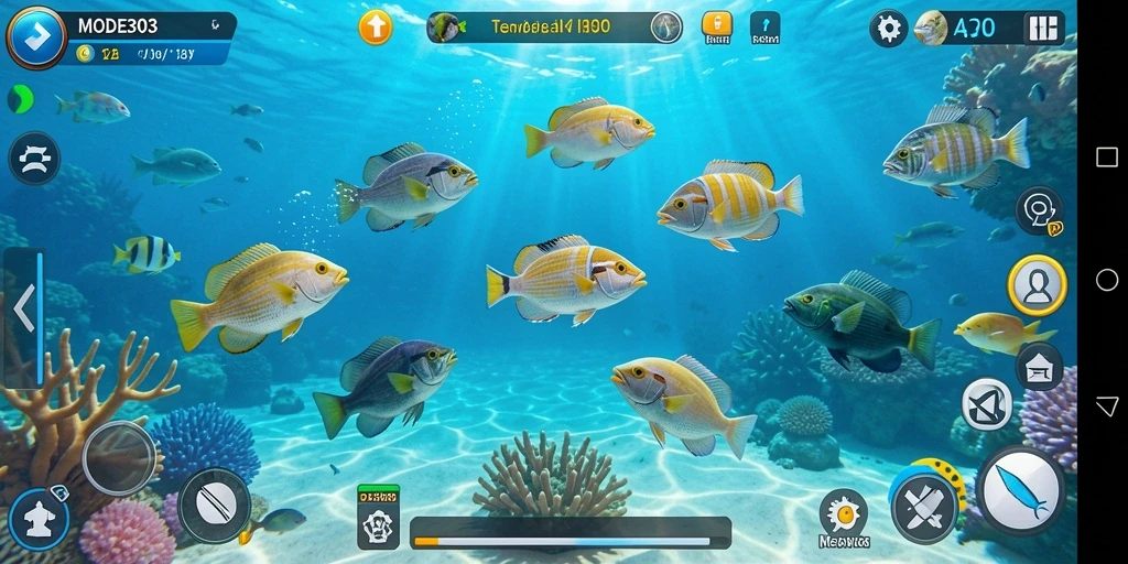 Screenshot MODE303 menampilkan aksi seru menangkap ikan.