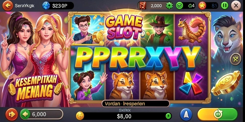 Tampilan gameplay PPRRYY yang menampilkan simbol slot berwarna-warni.