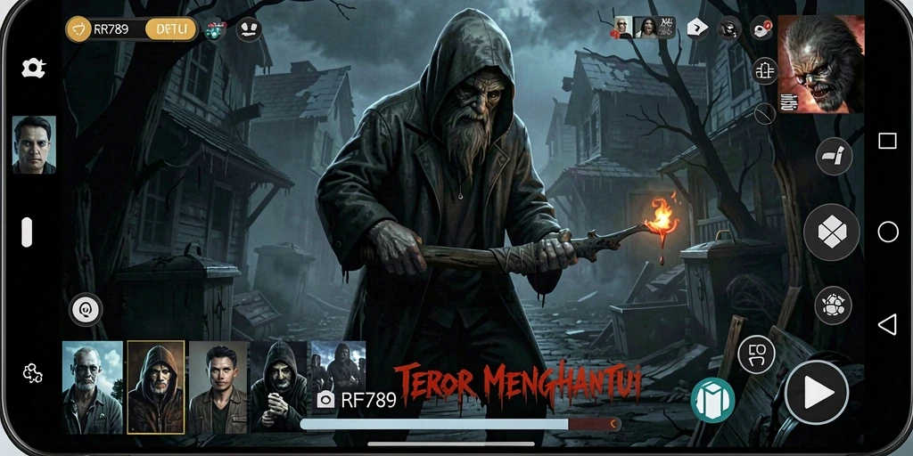 Tampilan gameplay <strong>RR789</strong> yang penuh ketegangan dan teror di lingkungan gelap.